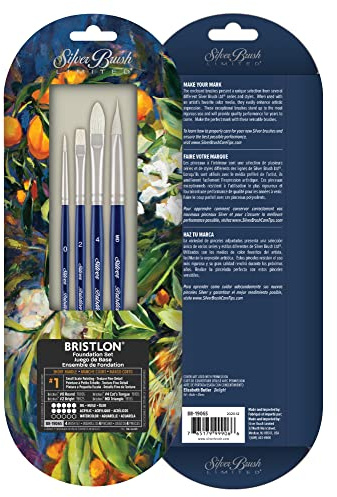 Silver Brush Limited Bristlon Fine Detail Oil Paintbrush Set, 4pc | Round, Bright, Cats Tongue, Medium Triangle, Short Handle, Stiff Fine Point Synthetic Bristle, Lightly Textured Strokes