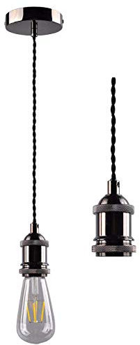 Cozzy Black Nickel Pendant Light, Pendant Ceiling Rose, E27 Pendant Fitting, Ceiling Rose, Twisted Braided Flex, E27 Lamp Holder Suspended Pendant Light Kit - Black Nickel