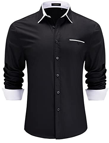 HISDERN Mens Business Casual Shirts Black Button Down Collar Shirts Long Sleeve Regular Fit L
