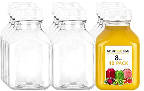 Reusable Clear Juice Bottles with Caps for Juicing & Smoothies, , 8 Ounce Empty Plastic Drink Containers for Mini Fridge, Juicer Shots, Small Water Bottles Bulk 8 oz (12 Pack)
