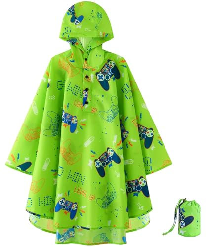 WAWSAM Kids Rain Poncho Reusable Toddler Raincoat Waterproof Rain Jacket for Age 3-15 Portable Rain Wear With Hood Outdoor Green Rain Coat with Pouch Bag for Boys and Girls