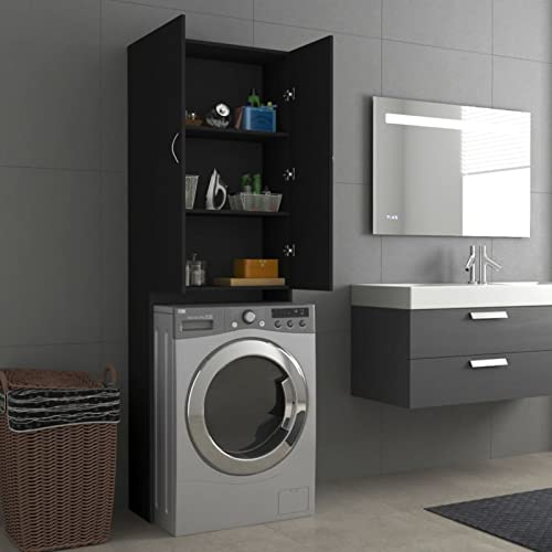 Susany Washing Machine Cabinet Over Toilet Cabinet Freestanding Washing Machine Rack with Doors and Compartments Bathroom Laundry Storage Organiser Cupboard Bathroom Cupboard Black 64x25.5x190 cm