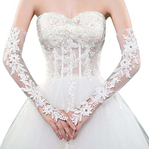 ihreesy Fingerlose Damen Handschuhe, Lange Armstulpen Braut Spitzenhandschuhe Blumenspitze Brauthandschuhe Fingerlose Hochzeithandschuhe Handgelenk Handstulpen für Fahren Hochzeit Oper Party,Weiß#A