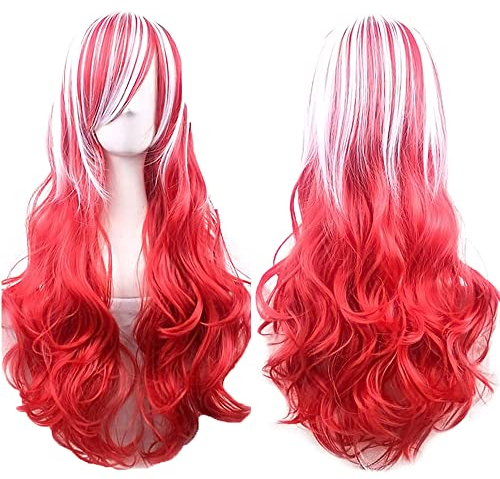 Colorfulpanda 70cm Cosplay Perücke Lange Gewellte Rot und weiß Perücken für Frauen oder Mädchen, Farbiges Lockiges Haar mit Pony Synthetische Cosplay Perücke für Party kostüm Halloween,Bunte Farbig