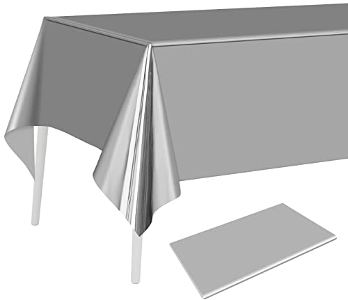 PLULON Tischdecke aus Silberfolie, Kunststoff, 137 x 274 cm, rechteckig, metallisch, Silber, Tischdecke für Hochzeit, Geburtstag, Weihnachtsfeier, Zuhause, Tischdekoration, Babyparty, Partyzubehör