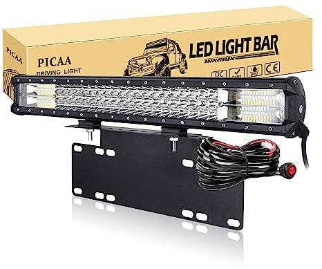 PICAA Car Led Light Bar, 22 inch Tri Row 7D 324W LED Work Lights Bar Lamp Light With License Plate Mount Bracket Holder 12V Wiring Kits For Off road Truck SUV UTE ATV 4x4, 6000K