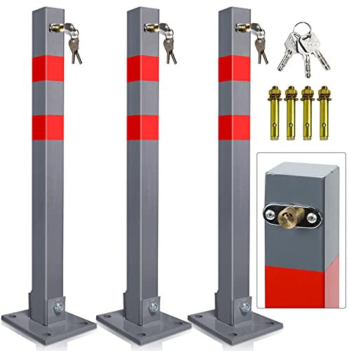 Jopassy 3* Parkpfosten Absperrpfosten mit 3 Schlüssel, Stahl klappbar Parkplatzsperre Parkplatzsperren mit Reflexstreifen, Robust Standfuß Sperrpfosten Set
