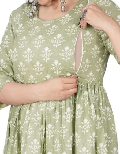 Jikonet Women's Maternity Dress Kurti for Pregnancy Women with Breastfeeding Access, Floral Maxi Maternity Dress, Cardamom, L