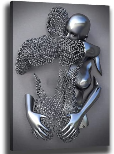 chongjian Liebe Herz 3D Grau Leinwand Wandkunst Moderne Gemälde 3d Abstrakt Umarmung Wanddekoration Schwarz und Weiß Metallfigur Skulptur Effekt Bild Wohnzimmer Dekoration (Mit Rahmen-A, 16x24in)