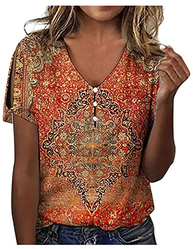 Blusa de mujer de moda con botón V-cuello camiseta de verano manga corta Tshirt túnica tops sin mangas con estampado de flores suéter fiesta blusas para adolescentes chicas tallas grandes