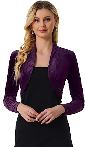 Allegra K Cardigan da donna a maniche lunghe in velluto aperto sul davanti corto bolero coprispalle, Viola, XL