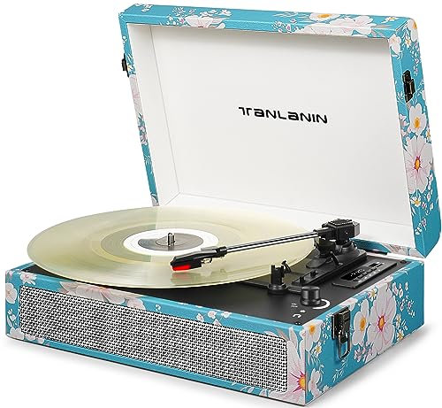 Tocadiscos Bluetooth vintage de 3 velocidades con altavoces integrados, reproductor de vinilo LP portátil con grabación USB, reproducción de música inalámbrica, conector RCA/AUX/auriculares,