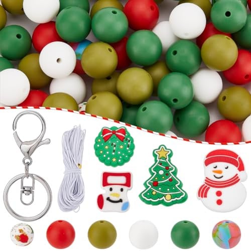 SUNNYCLUE DIY 4 Sets Christmas Keychain Making Kit Slicone Christmas Beads Winter Tree Snowman Sock Silicone Bead Green Red Round Silicone Beads Spacer Loose Beads for jewellery Making Kits Party Gift