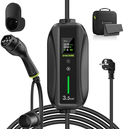 SYNCWIRE EV Caricatore Tipo 2 Cavo di Ricarica 5,5m, 6/8/10/13/16A Caricatore di Corrente Elettrica Regolabile con Display LCD, Box Caricatore Impermeabile IP65, Supporto Cavo, Sacca di Stoccaggio