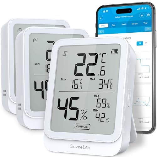 GoveeLife Digitales Thermometer Hygrometer Innen, Bluetooth LCD luftfeuchtigkeitsmesser mit Benachrichtigungsalarm, Temperaturüberwachung mit App, Datenspeicherung für Zuhause Gewächshaus Weinkeller