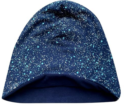 Wollhuhn Öko Warme Winter Jungen/Mädchen/Kinder Long Beanie Mütze Mit Fleecefutter Versch. Motive (aus Öko-Stoffen, Bio) 20220666 (Galaxy Sprenkel Blau, S)