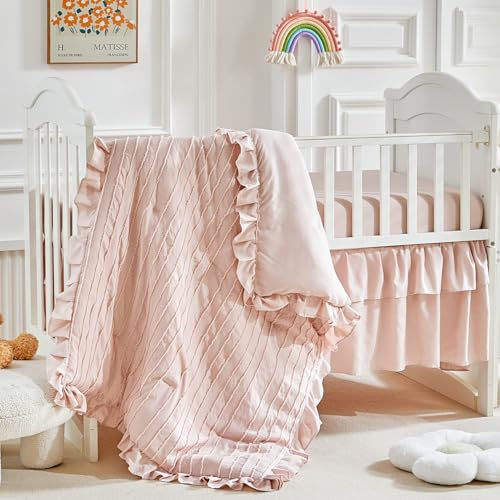 3 Pieces Tufted Stripes Crib Bedding Set with Ruffle Fringe, Pink Ruffled Comforter with Fitted Sheet and Bed Skirt , Soft and Embroidery Shabby Chic Boho Bohemian Jacquard Design for Baby Girls Boys
