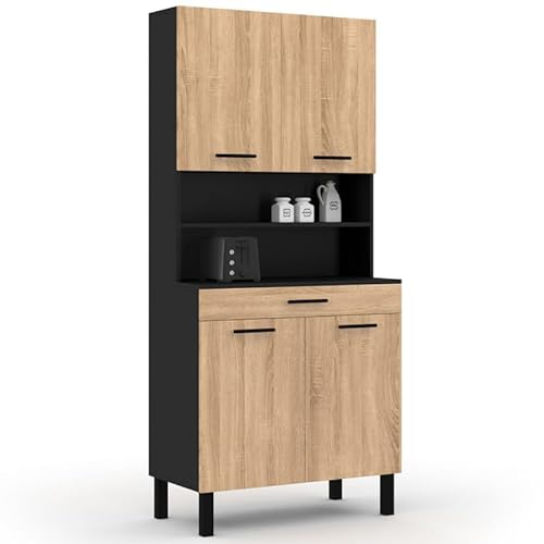IDMarket - Buffet de cuisine 80 CM CINA 4 portes + tiroir noir et façon hêtre