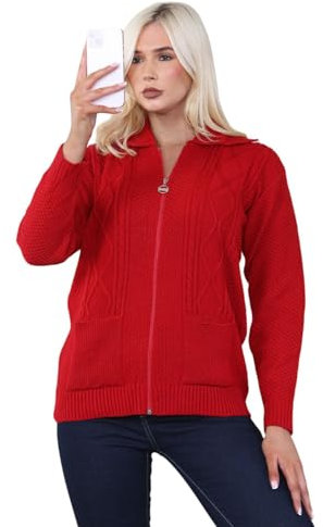 STAR FASHION Women's Cable Knit Zip Through Jumper Long Sleeve Cardigan Ladies Collared Neck Knitwear Zipper Cardigan 2 Pockets Pullover Red 16-18