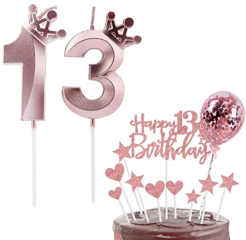 Bolosa 13th Birthday Candles Set, Cake Topper, Number 13 Candle, Decorations for Girls Boys Party Wedding Anniversary (Rose Gold)