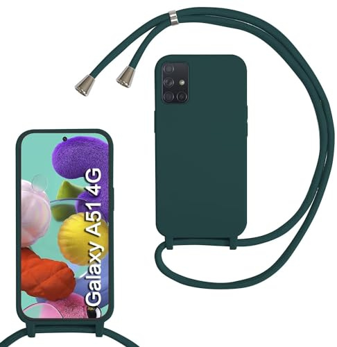 Handykette für Samsung Galaxy A51 4G Hülle mit Band, Handykette Handyhülle (Abnehmbar Einstellbar) Silikon Necklace mit Kordel zum Umhängen Handy Kette Kratzfestes Stossfest Schutzhülle Dunkel grün