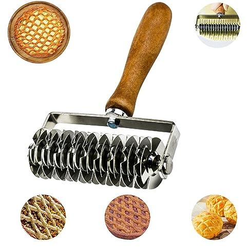 Yallmie Cortador de Rodillo de Celosia, Cortador Hojaldre de Acero Inoxidable con Mango de Madera Cortador de Masa Reposteria, Cortador Masa Pizza Herramienta de Panadería para Pastel, Galletas (01)