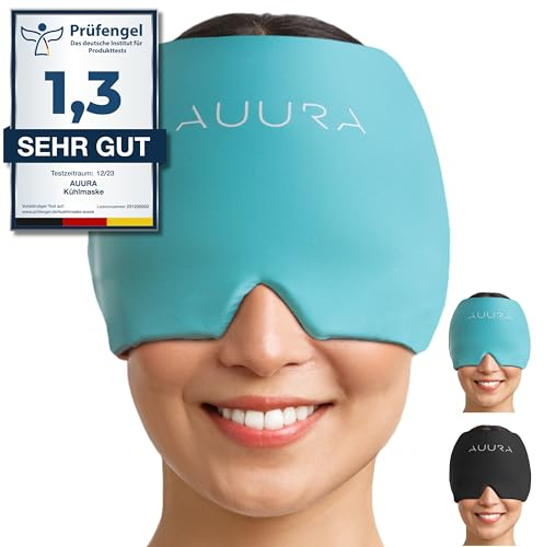 AUURA Kühlmaske Migräne - Kühlmütze Headach Hat, Augenringe, Augenmaske, Kopfschmerzen, Relief Hut, Kühlhaube, Kühlpad (Hellblau)