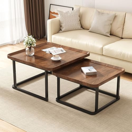 GTIWROTN Quadratische Couchtische für Wohnzimmer, 2er-Set, Nussbaum-Couchtisch mit geriffelten Beistelltischen für Schlafzimmer, Büro, Balkon, Hof (59,7 cm + 49,5 cm, Walnuss)