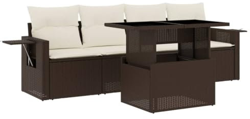 vidaXL Garten Sofagarnitur 5-TLG., Gartensofa mit Kissen, Sitzgruppe für Garten Terrasse, Gartentisch Gartenmöbel, Braun Poly Rattan
