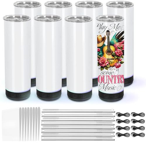 Micellwuu 8 Pack 20Oz Music Speaker Tumbler, Sublimation Tumbler Blanks Skinny Straight, Double Wall Insulated Music Coffee Mug with Detachable LED Light, Speaker Cup（Black）