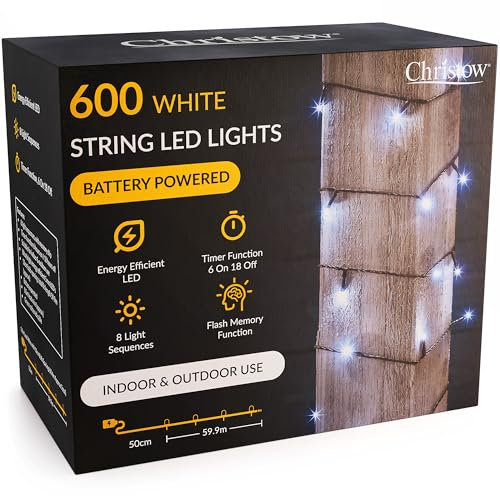 CHRISTOW Christmas Fairy Lights Battery Operated, White LED String Lighting with Timer, Indoor & Outdoor, 8 Light Modes Flashing & Static, Green Cable (600 LED / 60m Lit Length)