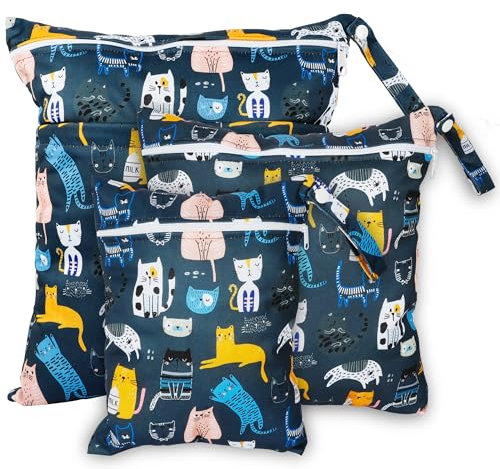 Rinfency 3 Stück Wetbag Groß Kindergarten für Baby Personalisiert Nappy Bag, Lässig Nasstasche Wechselwäsche Schwimmsachen wasserdichte Windeltasche, Klein Bikini Wet Bag Schwimmen Set (Katze)