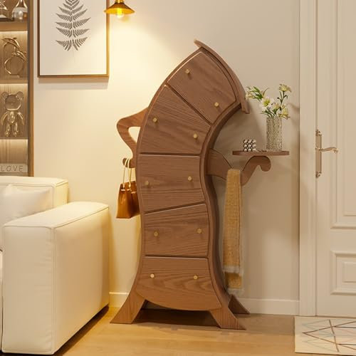 Cassettiera W con 5 cassetti in legno massello, per camera da letto, soggiorno, corridoio, forma unica con texture naturale, vernice sicura e inodore, stile vita a forchetta