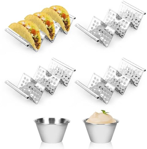 MOAMUN 6 Stück Edelstahl Taco Halter und Dipschalen, Taco Shells Hotdog Halter Bis Zu 3 Tacos Jeder, Welle Tortilla Ständer Tortillas Halter mit Griff für halten Party Tacos Hot Dogs Sandwiches Pfannk