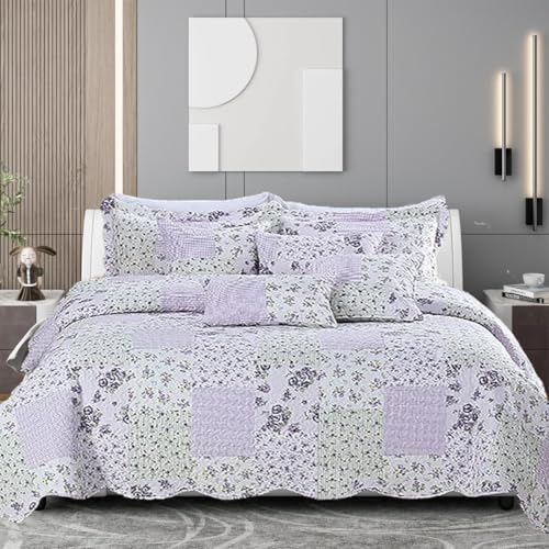 ZIYA HOMES King Size Quilted Patchwork Bedspread Comforter Bed Throw with Pillow Sham Coverlet Reversible Cotton 3-Piece Bedding Set Machine Washable