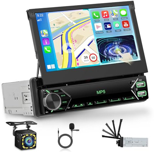 Autoradio 1 Din con Schermo a Scomparsa con Wirelesss Carplay e Android Auto, Autoradio da 7 pollici con Bluetooth 5.0/EQ/Mirror Link/FM/USB/SWC+Backup Camera+Mic