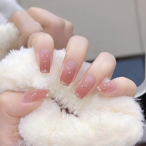 24Pcs French False Nails, Gold Glitter Tip Press on Nails Medium Length Acrylic Full Cover Ombre Fake Nails, Glossy Reusable Stick ons for Women and Girls