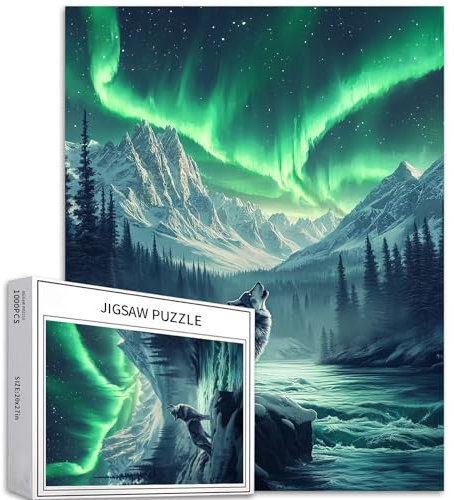 Howl of the Wolf Puzzle für Erwachsene, Nordlichter, Schnee, Berge, Hintergrund, Puzzle, anspruchsvolle Familienaktivitäten, bunt, Bastelpuzzle für Heimdekoration, Geschenke, 50 x 70 cm, 1000 Teile