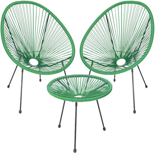Shally Dogan Set Conversazione Arredo Giardino Freddy in Polyrattan Due Posti con Tavolino, 2 Poltrone Uovo, 1 Tavolo da Esterno, Salotto Patio, Balcone, Ristorante, Bistrot, Bar (Verde Menta)