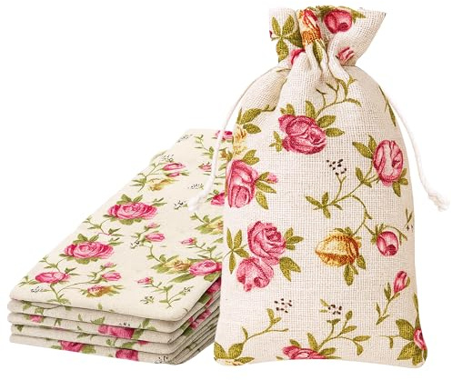 Mandala Crafts 10X14 Inch Rose Burlap Drawstring Gift Bags for Favors - 20 Large Floral Linen Sacks Gift Pouches for Candy, Coffee, Jewelry, Wedding, and Party Supplies