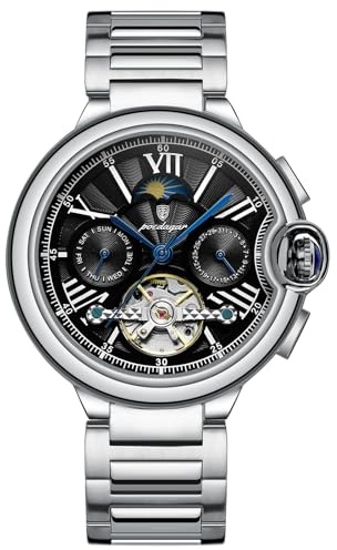 W WOLF-CUB Diamant-Skelett-Automatikuhr, mechanisch, Edelstahl-Mesh-Band, leuchtende Zeiger, Herrenuhren, Sport, Business, Armbanduhr, Schwarz, Sport & Business
