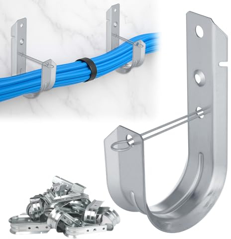AOKLIT 2 50 PCS Galvanized Steel J-Hooks | Heavy Duty Wall Mount Cable Support J Hook with Retainer Clip for Cable Management