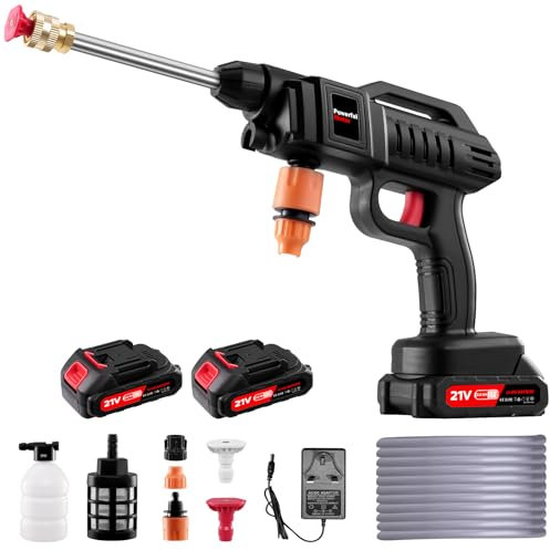 1500W Nettoyeur Haute Pression sans Fil avec 2 * 2000mAh Batterie, 21V Nettoyeur Haute Pression Portable avec 2 Buses (0°,40°), 5m Tuyau, Connecteur, Pot en Mousse Nettoyeur à Pression pour Voiture