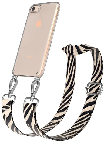 EAZY CASE Handykette - Verstellbares Taschenband kompatibel mit iPhone SE (2022/2020) / iPhone 8/7, Schulterriemen, Handykordel mit Silikon Hülle, Umhängetasche, Zebra - Schwarz Beige Silber