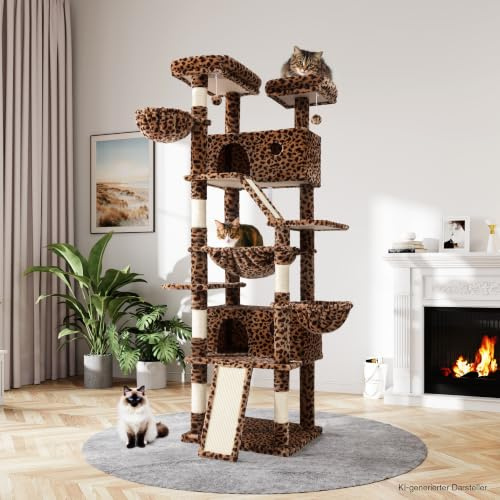 MUTICOR kratzbaum groß,206 cm hoch, Mehreren Ebenen Großes Kletterbaumhaus für große Katzen/Kratzbaum für Wohnungskatzen/Plüsch-Sitzplattformen/Korbhängematte/breite Basis/Leopardenmuster