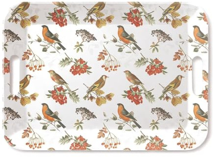 Ambiente Serviertablett Tablett mit Griffausschnitten Tray 47 x 33 cm Melamin Küchentablett Dekotablett Vögel Beeren und Zweige weiß bunt