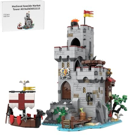 ExPrismarx Mittelalterliche Bauklötze, 1321 Teile Markt am Meer DIY Bausatzset Klemmbausteine Haus Set, Geschenke Ausstellungsstück für Mädchen und Jungen, MOC-206932