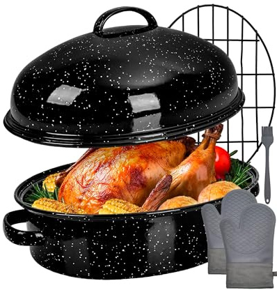 MCCSI Roasting Pan with Lid & Rack 18 Inch 5 Pieces Extra Large Deep Turkey Baking Pan for Oven 572°F Dishwasher Safe Oval Enamel Non-Stick Non-Toxic Pot Mothers Day Gift Domed Roaster Set