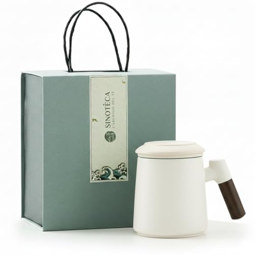 SINOTE'CA Tazza da Tè con Infusore e Coperchio 400ml, Set Regalo in Ceramica con Manico in Legno e Sottobicchiere, Tazza Tisana con Infusore Fine per Tè Sfuso, Confezione Regalo Elegante