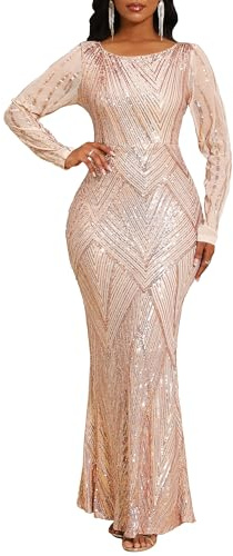 VERWIN Women's Sequins Dress Bodycon Dress Round Neck Long Sleeve Sparkly Mermaid Maxi Dress Casual Party Cocktail Dress